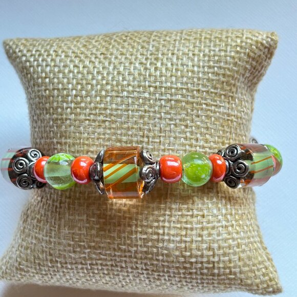 Handcrafted Artisan Orange & Green Glass Bead Bracelet Toggle Clasp - Picture 7 of 7